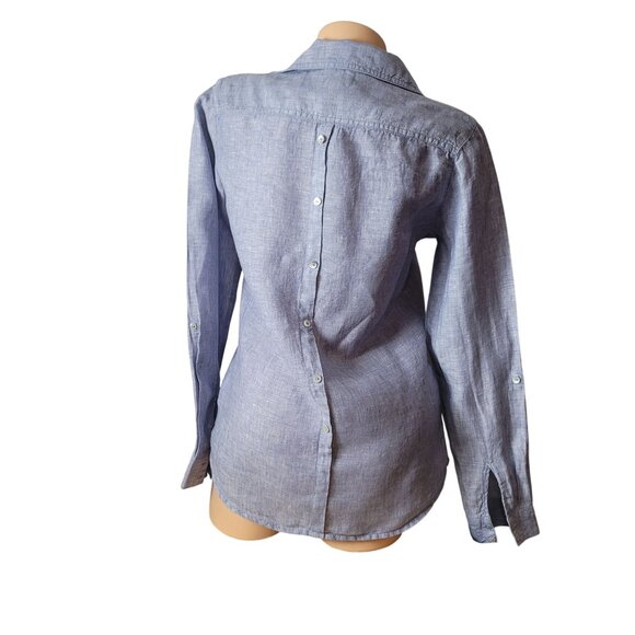 Sigrid Olsen 100% Linen Blue Long Sleeve Button-Up Shirt w/Button freature - Picture 2 of 12